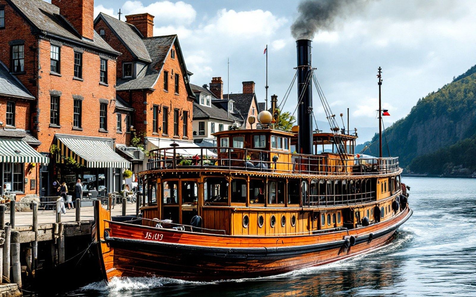 A wooden lake steamer alongside a town dock