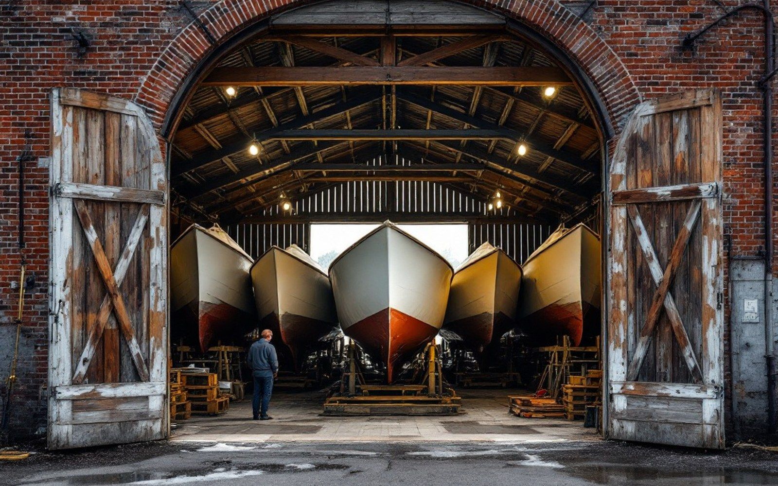 A boat shed doorway with hulls racked inside, figure for scale