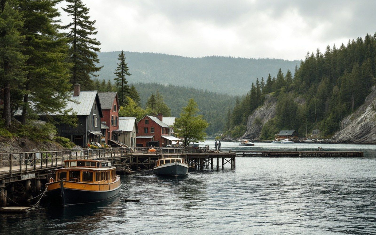 An island shoreline of pine and granite seen from the water