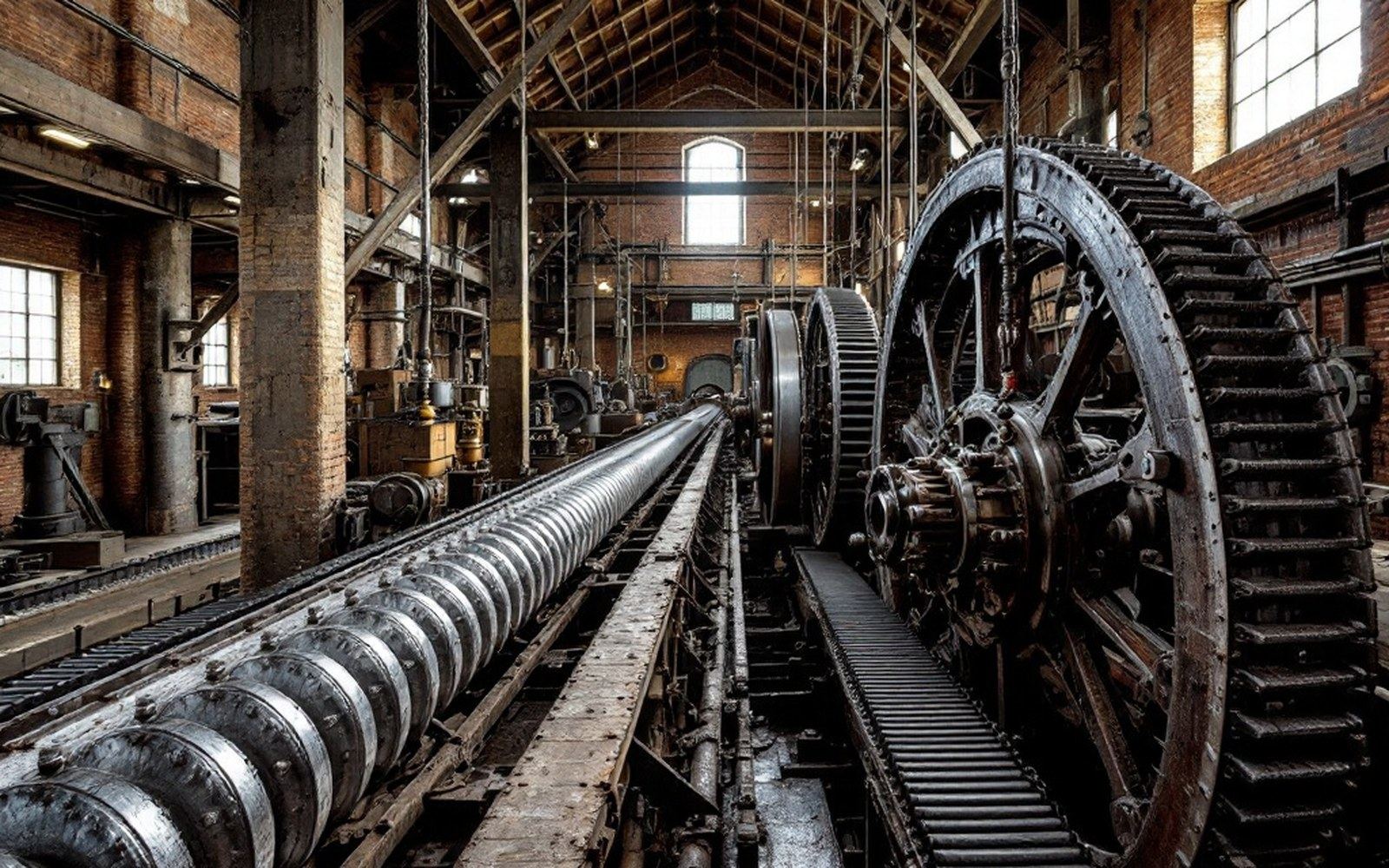Machinery belts and shafting in a preserved mill interior